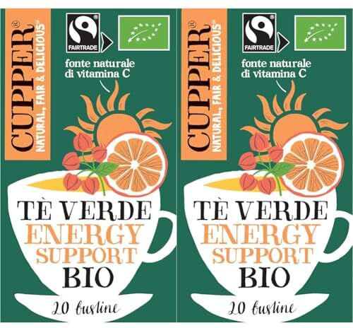 CUPPER Tè Verde Energy Support Biologico e Fairtrade con Arancia, Acerola, Guaranà e Matcha 20, Filtri 100% Biodegradabili, Confezione da 40 Bustine