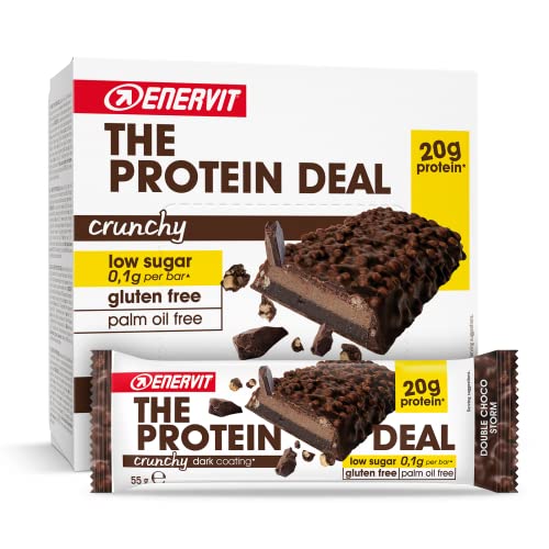 Enervit , The Protein Deal Crunchy Double Choco Storm, 12 Barrette da 55g, Proteiche, 20 Grammi di Proteine, Gusto Cioccolato Fondente, Snack Proteici Senza Glutine, Low Sugar