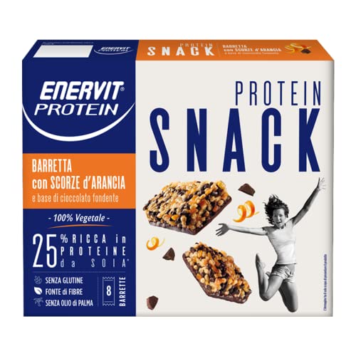 Enervit , Protein Snack 100% Vegetale con Scorze d'Arancia, Barrette Energetiche con Proteine del Latte e Fibre, con Cioccolato Fondente, Senza Glutine e Olio di Palma, 8 da 27 Grammi