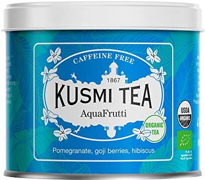 KUSMI TEA Infuso AquaFrutti Bio Miscela Aromatizzata di Ibisco e Frutta Mela, Melograno, Bacche di Goji Infuso senza Teina, Sfuso Scatola da Tè in Metallo 100 g