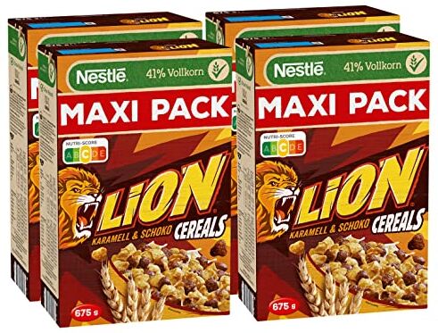 Nestlé Lion Cereals, caramello e cioccolato cereali con integrale, confezione da 4 (4 x 675 g)