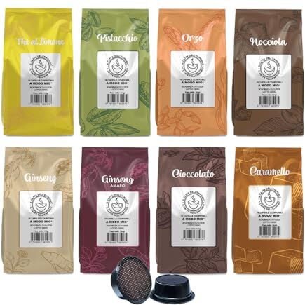 Il Caffè Dell'Emporio Kit Bevande Compatibili con Lavazza A Modo Mio Ginseng,Ginseng Amaro,The al Limone,Cioccolata,Nocciola,Pistacchio,Orzo e Caramello 160 Capsule (8 bst da 16 cps)