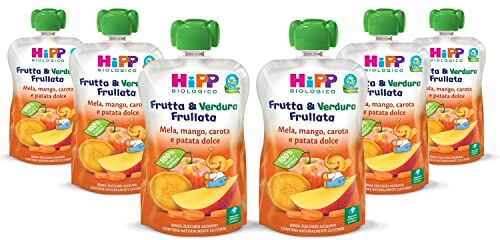 HiPP Frutta e Verdura Frullata Bio per Bambini, Purea al Gusto Mela, Mango, Carota e Patata Dolce, Senza Zuccheri Aggiunti, 6 Confezioni da 90 gr