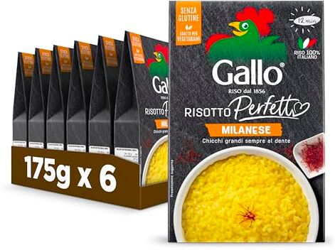 Riso Gallo Risotto Perfetto Milanese 6 x 175gr, Chicchi Grandi al Dente, Riso 100% Italiano, Senza Glutine, Cottura 12 min