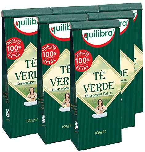 Equilibra 6x  Tè Verde in Foglie per Infuso da Filtrare Varietà Gunpowder Arrotolate Color Verde Scuro per Bevande 6 Confezioni da 100g