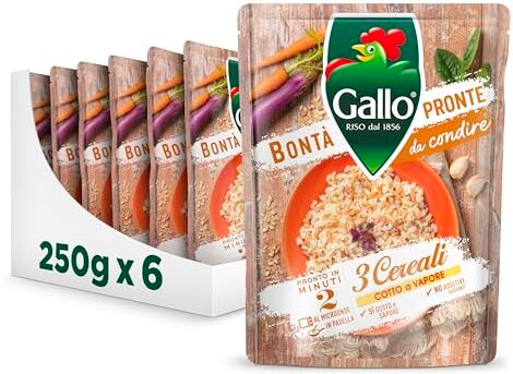 Riso Gallo Bontà Pronte 3 Cereali 6 x 250gr, Riso e MIx di Cereali, Cotto a Vapore, Pronto in 2 min al Microonde, in Padella