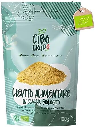 CIBO CRUDO crudo biologico vegan Lievito Alimentare in Scaglie Secco e Biologico 100 g. Naturalmente Senza Glutine Lattosio e Agenti Lievitanti. Lievito Nutrizionale Crudo da usare come Condimento o Sostituto Lievito di Birra.