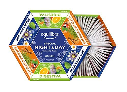 Equilibra Integratori Alimentari Tisane, Cofanetto Night & Day Collection, 100% Ingredienti Funzionali, Selezione di 3 Diverse Tisane, Materiali 100% Riciclabili, Box Regalo, 60 Filtri