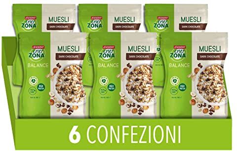 enerzona Enervit, Muesli Dark Chocolate, Sacchetto da 230 Grammi, Cereali per una Colazione Proteica, con Cioccolato e Granella di Nocciola, Granola con Proteine della Soia, Bilanciati 40-30-30