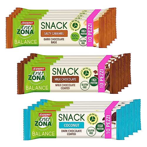 Enerzona Enervit,  Snack Variety Pack con 10 Barrette Gusto Caramello, 10 Cioccolato al Latte e 10 al Cocco, Protein Bar, 40-30-30, Senza Glutine