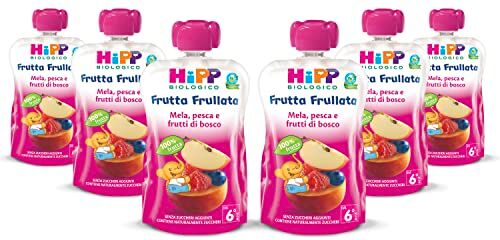 HiPP Frutta Frullata Bio per Bambini, Purea 100% Frutta al Gusto Mela, Pesca e Frutti di Bosco, Senza Zuccheri Aggiunti, 6 Confezioni da 90 g