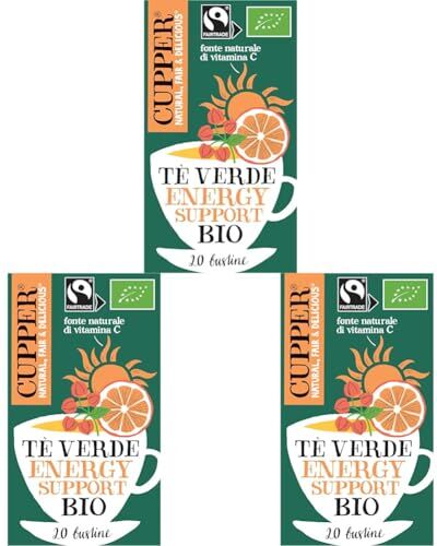 CUPPER Tè Verde Energy Support Biologico e Fairtrade con Arancia, Acerola, Guaranà e Matcha 20, Filtri 100% Biodegradabili, Confezione da 60 Bustine