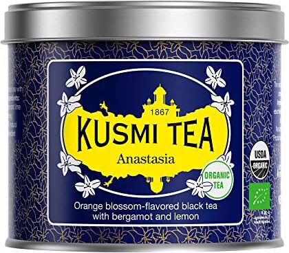 KUSMI TEA Tè biologico Anastasia Tè nero al bergamotto, aromatizzato ai fiori d'arancio Tè emblematico Earl Grey Scatola di tè in metallo da 100 g Circa 40 tazze