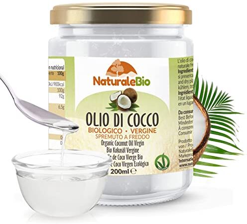 NaturaleBio Olio di Cocco Biologico Vergine 200 ml. Crudo e Spremuto a Freddo. Organico e Naturale. Bio Nativo e non Raffinato. Origine Sri Lanka.