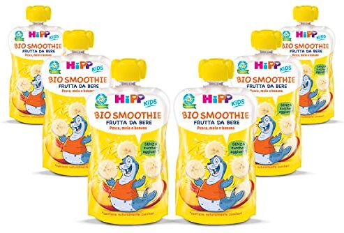 HiPP Smoothie Bio per Bambini, Purea 100% Frutta al Gusto Pesca, Mela e Banana, Senza Zuccheri Aggiunti, 6 Confezioni da 120 ml