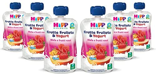 HiPP Frutta Frullata con Yogurt Bio, Cremosa Purea per Bambini al Gusto Mela e Frutti Rossi, Senza Zuccheri Aggiunti, 6 Confezioni da 90 gr