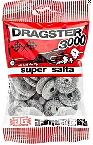 Candy Dragster 3000 Super Salta Super Salt Original Swedish Salty Liquirice Salmiak Wheels Wine Gums Caramelle Borsa per dolci 65 g, confezione da 3