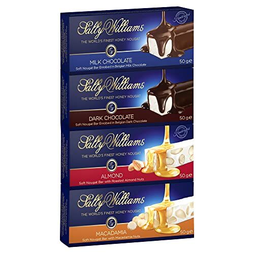 Sally Williams World's Finest Torrone al miele, varietà di barrette di torrone in cioccolato fondente, cioccolato al latte, mandorle e macadamia, 4 x 50 g