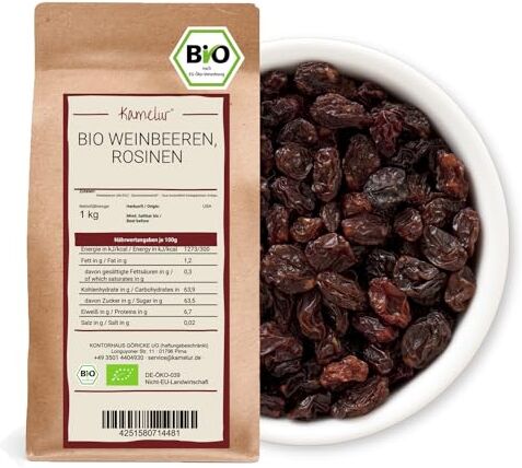 Kamelur Uva BIO Scura Essiccata Uvetta Sultanina Aromatica, Della Migliore Qualità Biologica, Senza Zuccheri Aggiunti Né Solfiti 1 Kg (Confezione Da 1)