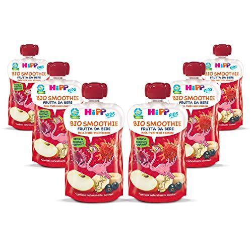HiPP Smoothie Bio per Bambini, Purea 100% Frutta al Gusto Mela, Frutti Rossi e Banana, Senza Zuccheri Aggiunti, 6 Confezioni da 120 ml