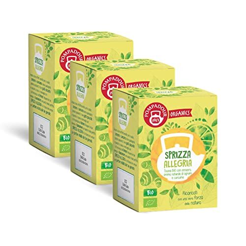 Pompadour Organics, Tisana Bio Sprizza Allegria, 45 Filtri (3 Confezioni da 15 Filtri), con Zenzero, Limone e Curcuma, Ideale per Ricaricarsi con Gusto, Senza Lattosio, Glutine e Allergeni, Vegan