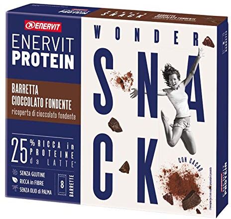 Enervit , Protein Snack Cioccolato Fondente, Barrette Energetiche con Proteine del Latte e Fibre, con Cioccolato Fondente, Senza Glutine e Olio di Palma, Pack di 8 Barrette da 27 Grammi