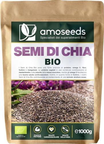 amOseeds Semi di Chia Bio 1KG   Proteine, Salute Cardiovascolare   100% Biologici, Senza Glutine, Qualità Superiore