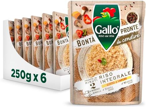 Riso Gallo Bontà Pronte Riso Integrale 6 x 250gr, Cotto a Vapore da Condire, Pronto in 2 Minuti al Microonde, in Padella, No Additivi aggiunti, Ottimo per Contorni e Insalate