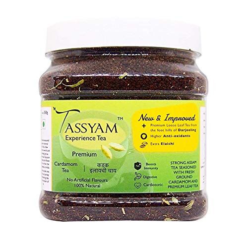 Tassyam Strong Assam Cardamom Tea 350gms (12.34 oz) Jar   NEW & IMPROVED Kerala Elaichi + Gold Blend CTC Chai With no Artificial Flavours by