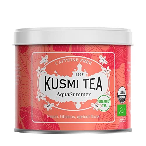 KUSMI TEA Infuso AquaSummer Bio Miscela di Ibisco e Aroma di Frutta Al Sapore di Pesca e Albicocca Infuso senza Teina Fruttato Da gustare Caldo o Freddo Scatola da Tè in Metallo 100 g