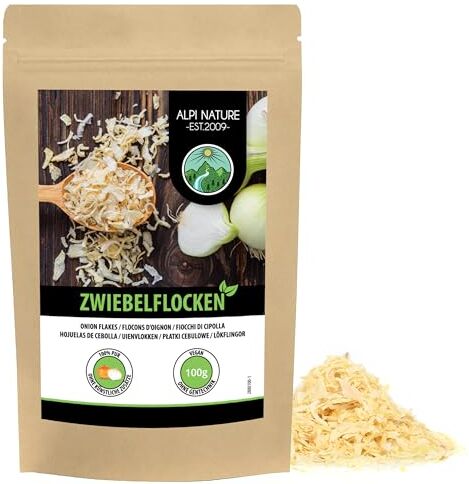 Alpi Nature Fiocchi di cipolla secca (100g), cipolle tagliate 5-30mm, pezzi di cipolla, cipolla essiccata e tritata, prodotto naturale, privo di additivi, ideale per verdure, pasta, zuppe, carne e pesce