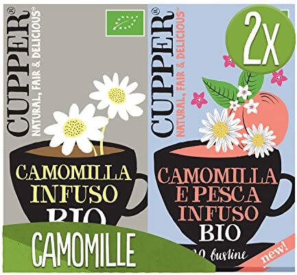 CUPPER Infuso Biologico di Camomilla, Tisana Calmante, Confezione da 20 Bustine e Infuso Biologico Camomilla e Pesca, Tisana Rilassante Fruttata e Delicata, Confezione da 20 Bustine