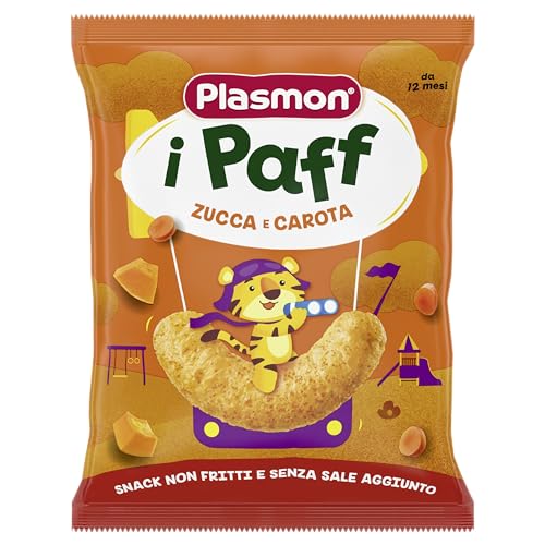 Plasmon Snack i Paff Zucca e Carote 15gr 5 Confezioni Snack non fritti e senza sale aggiunto, perfetti per le manine del tuo bambino