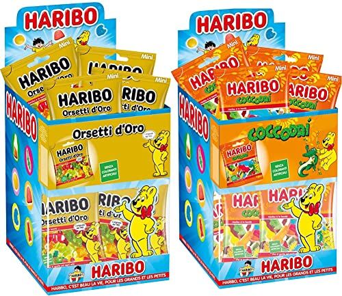 HARIBO Mini Orsetti D'Oro, Caramelle Gommose, Gusto Frutta, Ideali Per Feste 30 Bustine Da 40gr [1200gr] & Mini Coccodrì, Caramelle Gommose, Gusto Frutta, 30 Bustine Da 40gr [1200gr]