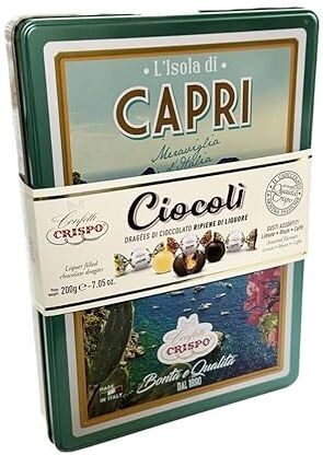 CRISPO Cioccolatini Ciocolì Elegante Scatola in Latta con Rappresentazione Città Napoli, Firenze, Capri, Venezia, Milano, Roma Cioccolatini Assortiti Limone, Rhum, Caffè (Capri)