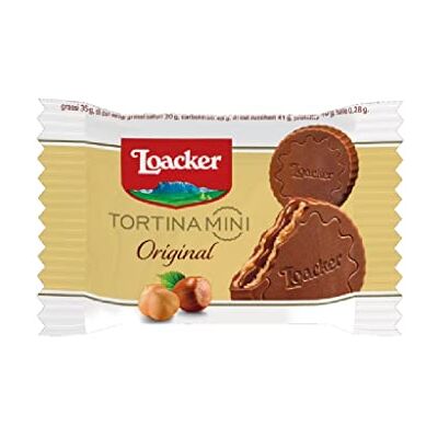 Loacker TORTINA MINI ORIGINAL SFUSE da 9gr-Delizie di cioccolato al latte con crema alla nocciola (48%) e fragranti cialde di wafer (300pz) Loacker TORTINA MINI ORIGINAL SFUSE da 9gr-Delizie di cioccolato al latte con crema alla nocciola (48%) e fragranti cialde di wafer (300pz)
