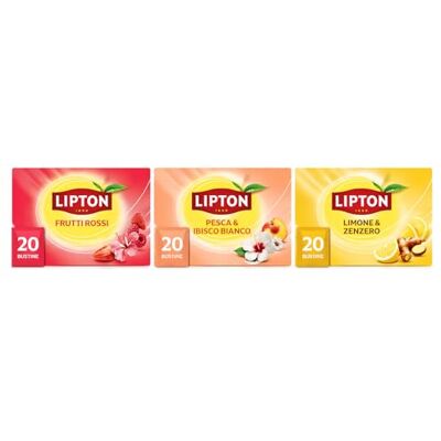 Lipton Infusi alla Frutta x3, Frutti Rossi, Pesca e Ibisco Bianco, Limone e Zenzero, 60 Filtri Totali, Naturalmente Senza Caffeina Lipton Infusi alla Frutta x3, Frutti Rossi, Pesca e Ibisco Bianco, Limone e Zenzero, 60 Filtri Totali, Naturalmente Senza Caffeina