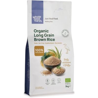 Wholefood Earth Riso naturale a chicco lungo biologico, 3 kg, senza OGM, vegano, fonte di fibre, da coltivazione biologica controllata Wholefood Earth Riso naturale a chicco lungo biologico, 3 kg, senza OGM, vegano, fonte di fibre, da coltivazione biologica controllata