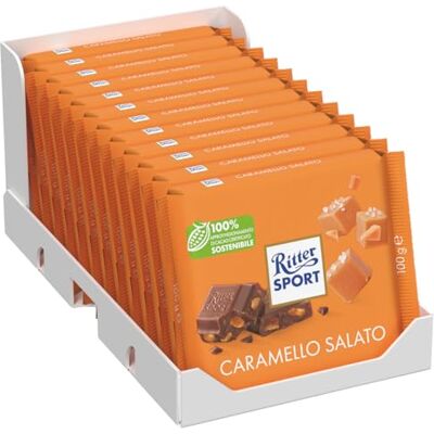 Ritter Sport Caramello Salato, Tavoletta di Cioccolato al Latte con Burro e Caramello Salato Croccante in Pezzi, Cacao 100% Certificato Sostenibile, 12 Pezzi da 100 g Ritter Sport Caramello Salato, Tavoletta di Cioccolato al Latte con Burro e Caramello Salato Croccante in Pezzi, Cacao 100% Certificato Sostenibile, 12 Pezzi da 100 g