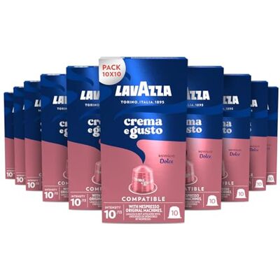 Lavazza Crema e Gusto Dolce, 100 Capsule di Caffè in Alluminio Compatibili con Macchine Nespresso Original, Note Aromatiche di Frutta Secca, Arabica e Robusta, Intensità 10, Tostatura Media, 10 Pack Lavazza Crema e Gusto Dolce, 100 Capsule di Caffè in Alluminio Compatibili con Macchine Nespresso Original, Note Aromatiche di Frutta Secca, Arabica e Robusta, Intensità 10, Tostatura Media, 10 Pack