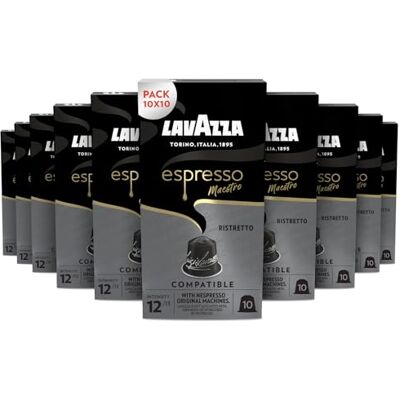 Lavazza , Espresso Maestro Ristretto, 100 Capsule in Alluminio Compatibili con Macchine Nespresso Original, Arabica e Robusta, Note di Caramello e Cioccolato, 10 Confezioni da 10 Capsule Lavazza , Espresso Maestro Ristretto, 100 Capsule in Alluminio Compatibili con Macchine Nespresso Original, Arabica e Robusta, Note di Caramello e Cioccolato, 10 Confezioni da 10 Capsule