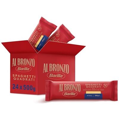 Barilla Pasta Al Bronzo Spaghetti Quadrati 100% Grano Italiano, Pasta trafilata al bronzo con microincisioni, Formato grande e corposo, Eccellente tenuta del sugo, 24 Confezioni da 500 g Barilla Pasta Al Bronzo Spaghetti Quadrati 100% Grano Italiano, Pasta trafilata al bronzo con microincisioni, Formato grande e corposo, Eccellente tenuta del sugo, 24 Confezioni da 500 g