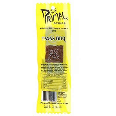 Primal Spirit Foods Primal Spirit, Vegan Meatless Jerky Strips High Energy, High Protein, Non-GMO, 93% Fat-Free Snacks, Vegan Jerky 28g, Pack of 1 Texas BBQ Flavour Primal Spirit Foods Primal Spirit, Vegan Meatless Jerky Strips High Energy, High Protein, Non-GMO, 93% Fat-Free Snacks, Vegan Jerky 28g, Pack of 1 Texas BBQ Flavour