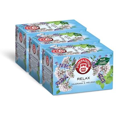 Pompadour , Tisana Relax Plus con Valeriana e Melissa, 54 Filtri (3 Confezioni da 18 Filtri), Favorisce un ottimo Rilassamento Fisico e Mentale, Senza Lattosio, Glutine e Allergeni, Vegan Pompadour , Tisana Relax Plus con Valeriana e Melissa, 54 Filtri (3 Confezioni da 18 Filtri), Favorisce un ottimo Rilassamento Fisico e Mentale, Senza Lattosio, Glutine e Allergeni, Vegan
