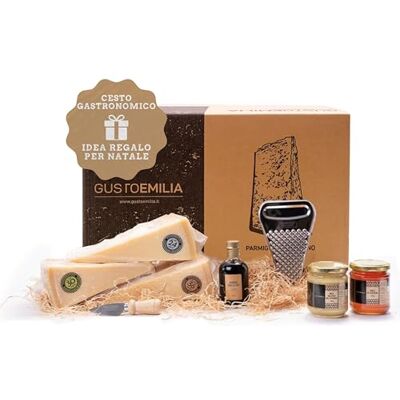 Gustoemilia Cesta Gourmet con Formaggio, Miele e Aceto Balsamico Parmigiano Reggiano (3 x 1 kg), Miele (2 x 250 g) e Aceto Balsamico Gustoemilia Cesta Gourmet con Formaggio, Miele e Aceto Balsamico Parmigiano Reggiano (3 x 1 kg), Miele (2 x 250 g) e Aceto Balsamico