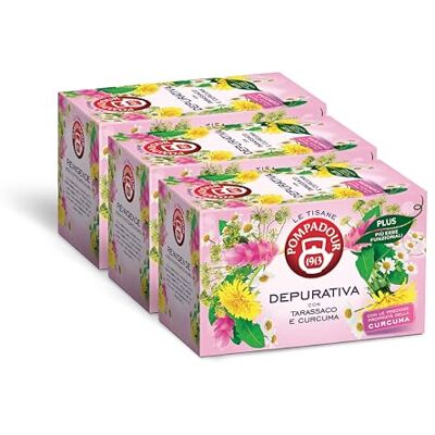 Pompadour , Tisana Depurativa Plus con Tarassaco e Curcuma, 54 Filtri (3 Confezioni da 18 Filtri), Proprietà Drenanti e Purificanti, Senza Lattosio, Glutine e Allergeni, Vegan Pompadour , Tisana Depurativa Plus con Tarassaco e Curcuma, 54 Filtri (3 Confezioni da 18 Filtri), Proprietà Drenanti e Purificanti, Senza Lattosio, Glutine e Allergeni, Vegan