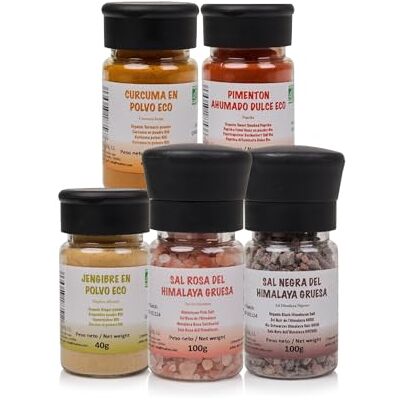 FRISAFRAN Pacchetto speciale Aromi Eco Sale rosa grosso dell'Himalaya 100g Sale Nero Grosso dell'Himalaya 100g Zenzero in Polvere 40g Paprica Dolce Affumicata 40g Curcuma in Polvere 40g FRISAFRAN Pacchetto speciale Aromi Eco Sale rosa grosso dell'Himalaya 100g Sale Nero Grosso dell'Himalaya 100g Zenzero in Polvere 40g Paprica Dolce Affumicata 40g Curcuma in Polvere 40g
