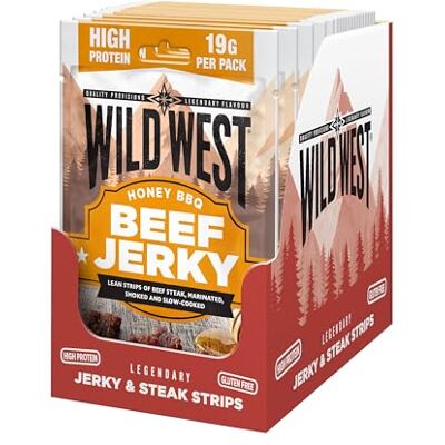 WILD WEST Beef Jerky 16x60g Honey BBQ, carne secca proteica, snack proteico Beef Jerky, carne essiccata di manzo WILD WEST Beef Jerky 16x60g Honey BBQ, carne secca proteica, snack proteico Beef Jerky, carne essiccata di manzo