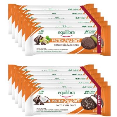 Equilibra Alimenti Proteici, Protein Pleasure Cocco & Dark Choco, Pistacchio & Dark Choco, Cialda con Crema Proteica Ricoperta di Cioccolato, Low Sugar, High Protein, No Glutine, 12 Confezioni da 34 g Equilibra Alimenti Proteici, Protein Pleasure Cocco & Dark Choco, Pistacchio & Dark Choco, Cialda con Crema Proteica Ricoperta di Cioccolato, Low Sugar, High Protein, No Glutine, 12 Confezioni da 34 g