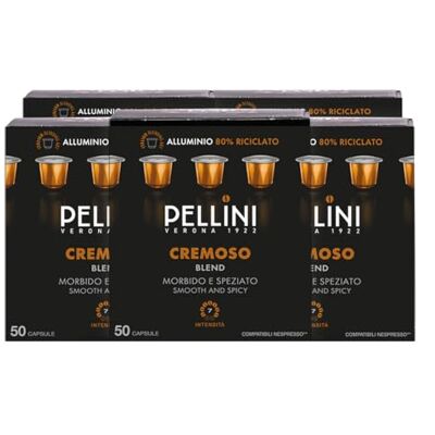 Pellini Cremoso, 250 Capsule in Alluminio Miscela di Caffè Arabica e Robusta dal Gusto Avvolgente, Speziato con Note di Caramello e Nocciola, 5 Confezioni da 50 Capsule Pellini Cremoso, 250 Capsule in Alluminio Miscela di Caffè Arabica e Robusta dal Gusto Avvolgente, Speziato con Note di Caramello e Nocciola, 5 Confezioni da 50 Capsule